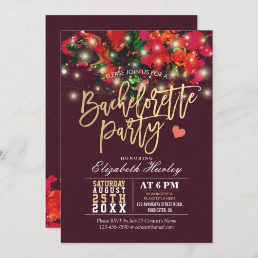 Floral String Light Gold Script Bachelorette Party Kaart (Voorkant / Achterkant)