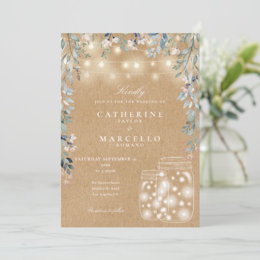 Floral String Light Mason Jar Rustic Kraft Wedding Kaart (Staand voorkant)
