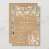Floral String Light Mason Jar Rustic Kraft Wedding Kaart (Voorkant / Achterkant)