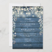 Floral String Lights Rustic Blue Wood Wedding Kaart (Voorkant)