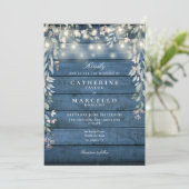 Floral String Lights Rustic Blue Wood Wedding Kaart (Staand voorkant)