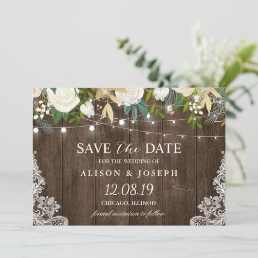 Floral String Lights Rustic Country Save the Date (Staand voorkant)