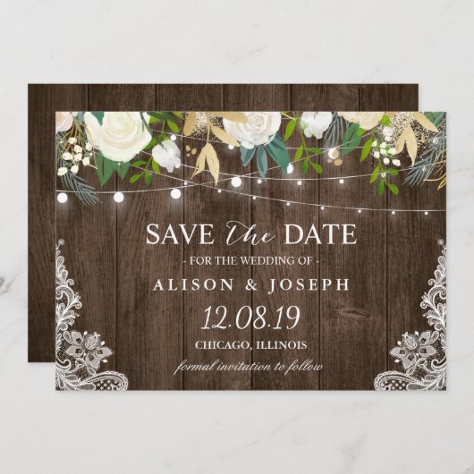 Floral String Lights Rustic Country Save the Date (Voorkant / Achterkant)