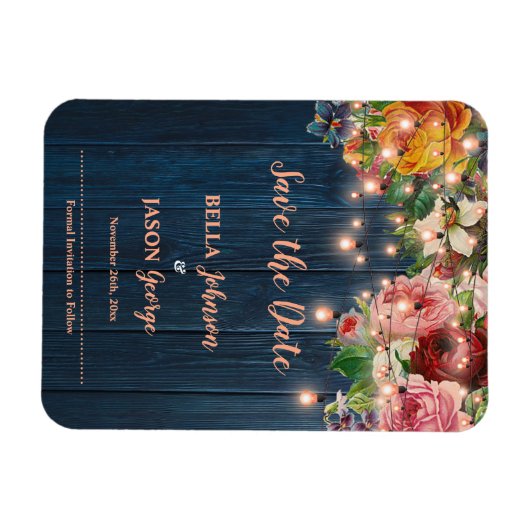 Floral String Lights Rustic Wedding Save The Date Magneet (Horizontaal)
