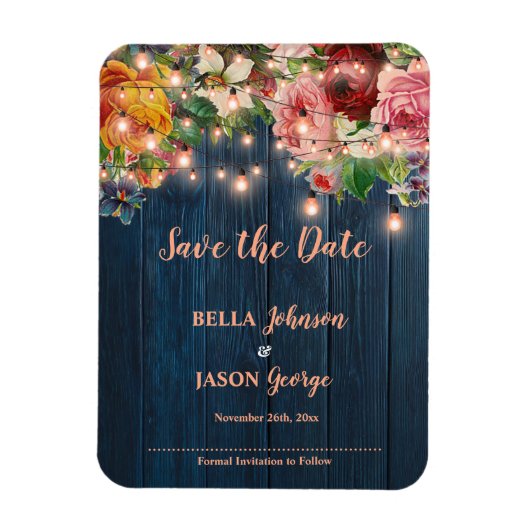 Floral String Lights Rustic Wedding Save The Date Magneet (Verticaal)