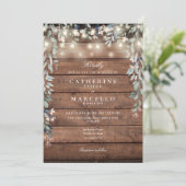 Floral String Lights Rustic Wood Wedding Kaart (Staand voorkant)