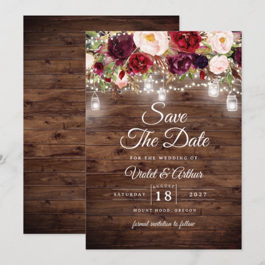 Floral String Lights Wedding Save The Date Kaart (Voorkant / Achterkant)