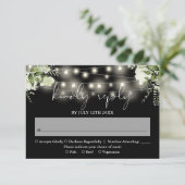 Floral String Lights Zwart-wit bruiloft RSVP Kaartje (Staand voorkant)