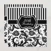 Floral Stripe 30th Birthday Invite Black and White Kaart (Voorkant / Achterkant)