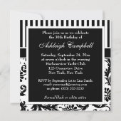 Floral Stripe 30th Birthday Invite Black and White Kaart (Achterkant)