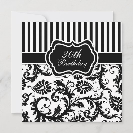 Floral Stripe 30th Birthday Invite Black and White Kaart (Voorkant)