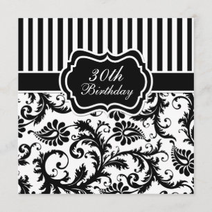 Floral Stripe 30th Birthday Invite Black and White Kaart