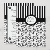 Floral Stripe 30th Birthday Invite Black and White Kaart (Voorkant / Achterkant)