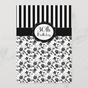 Floral Stripe 30th Birthday Invite Black and White Kaart