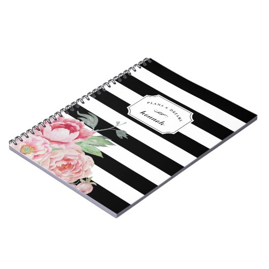 Floral Stripe Black & White Peony Notitieboek (Linkerzijde)