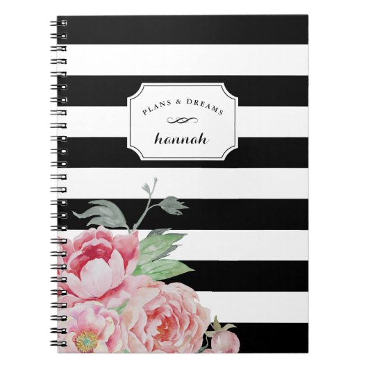Floral Stripe Black & White Peony Notitieboek (Voorkant)