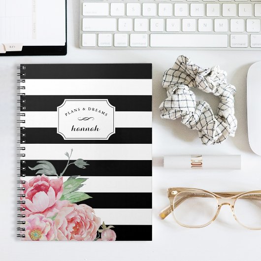 Floral Stripe Black & White Peony Notitieboek