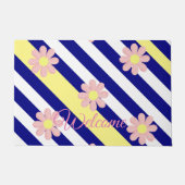 Floral Stripe Blue Pink Flowers Deurmat (Voorkant)