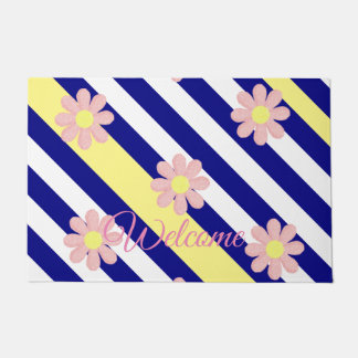 Floral Stripe Blue Pink Flowers Deurmat