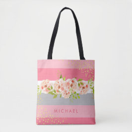 Floral Stripe Pink Peony Ranunculus Faux Gold Foil Tote Bag