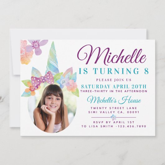 Floral & Stripe Unicorn Foto Birthday Uitnodiging (Voorkant)