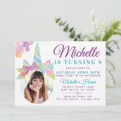 Floral & Stripe Unicorn Foto Birthday Uitnodiging (Staand voorkant)