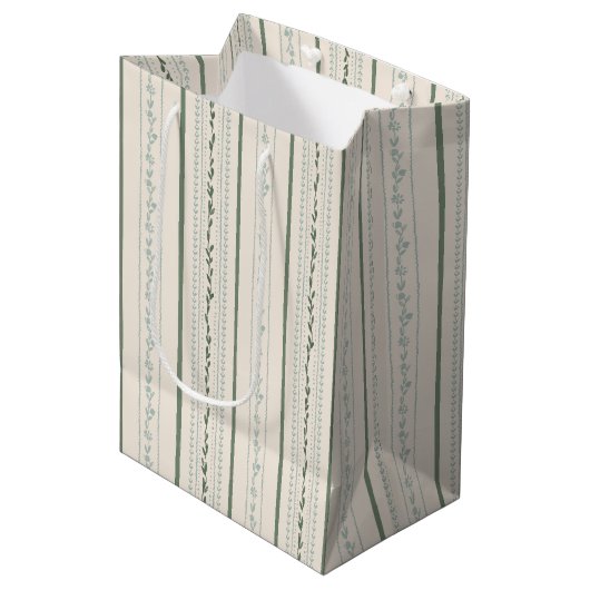Floral Striped Cream, Blauw en Groen Medium Cadeauzakje (Voorkant Gekanteld)