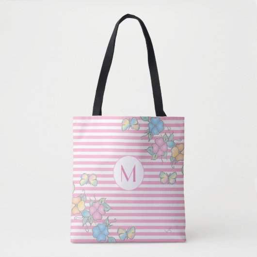 Floral Striped Monogram Pink Tote Bag (Voorkant)