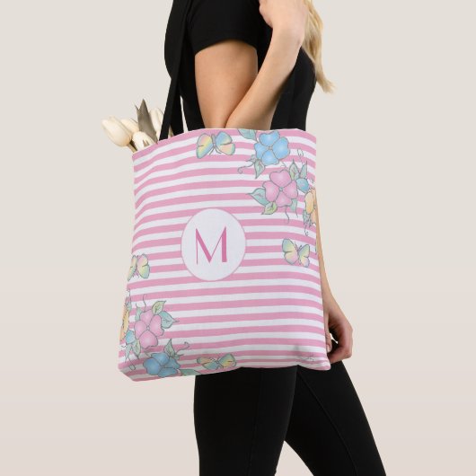Floral Striped Monogram Pink Tote Bag (Dichtbij)