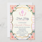 Floral Stripes Confetti Eerste Heilige Communie Kaart (Voorkant)