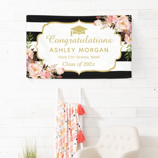 Floral Stripes Glam Congrats Afstudeerder Gradupar Spandoek (Insitu)
