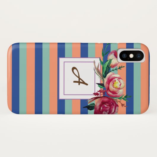 Floral Stripes Monogram iPhone Case (Achterkant (horizontaal))
