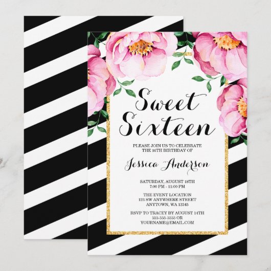 Floral Stripes Sweet 16 van de moderne Waterverf Kaart (Voorkant / Achterkant)