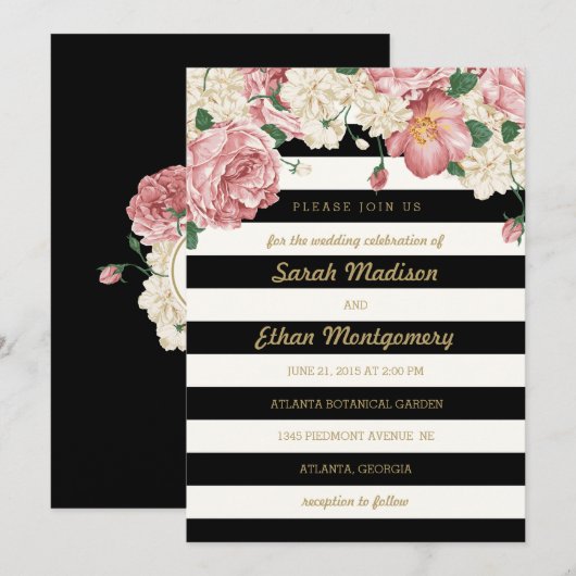 Floral Stripes Wedding Invitations Kaart (Voorkant / Achterkant)