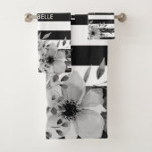 Floral Stripes, zwart en wit Bad Handdoek (Insitu)