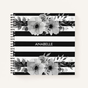 Floral Stripes, zwart en wit Notitieboek