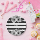 Floral Stripes, zwart en wit Papieren Bordje (Feest)