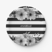 Floral Stripes, zwart en wit Papieren Bordje (Voorkant)
