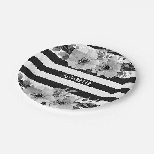 Floral Stripes, zwart en wit Papieren Bordje (Gekanteld)