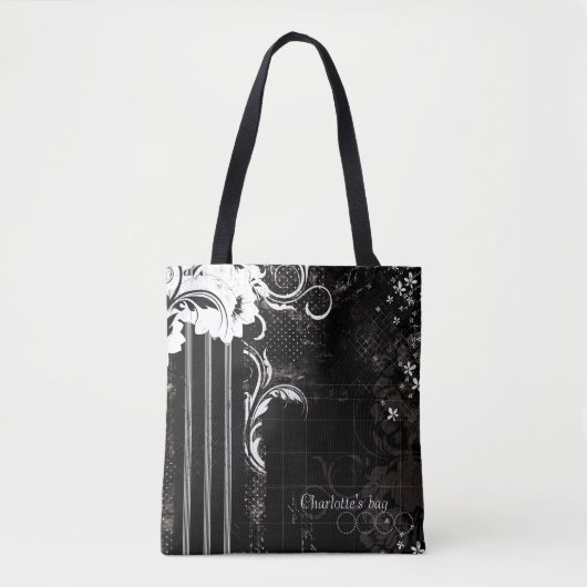 Floral Stripes, zwart en wit Tote Bag (Voorkant)