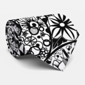 Floral Stropdas Black White Flowers Leaves (Opgerold)