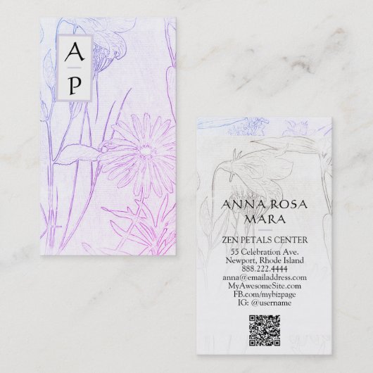 *~* Floral Subtle Flowers Neutral QR Photo Logo Bu Visitekaartje (Voorkant / Achterkant)