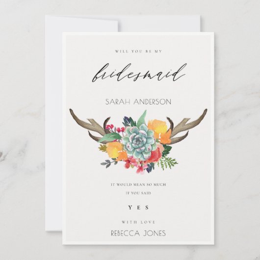FLORAL SUCCULENT ANTLER BOHEMIAN ALLURE BRIDESMAID KAART (Voorkant)