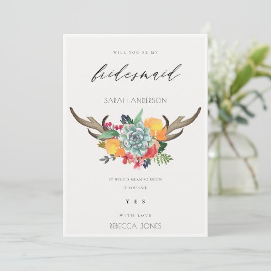 FLORAL SUCCULENT ANTLER BOHEMIAN ALLURE BRIDESMAID KAART (Staand voorkant)
