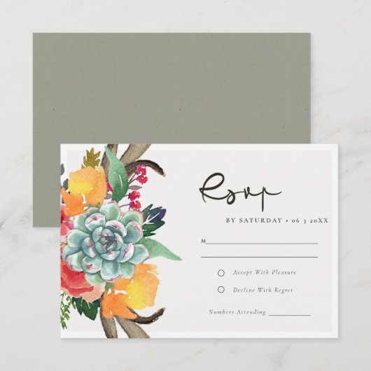 FLORAL SUCCULENT ANTLER BOHEMIAN ALLURE RSVP KAARTJE (Voorkant / Achterkant)
