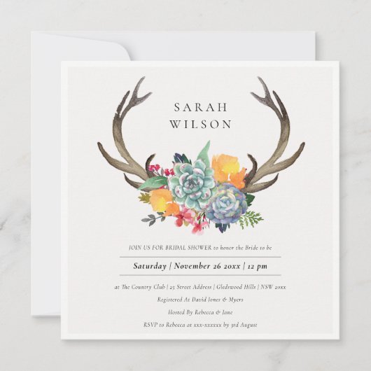 FLORAL SUCCULENT ANTLER BOHEMIAN ALLURE SHOWER KAART (Voorkant)