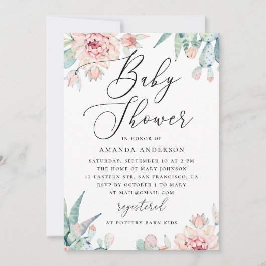 Floral Succulent Baby Shower | Elegant Boho Cactus Kaart (Voorkant)