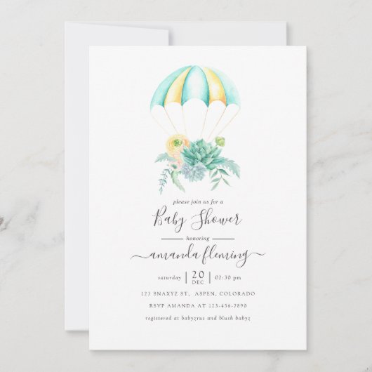 Floral Succulents Bouquet Parachute Baby shower Kaart (Voorkant)