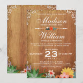 Floral Succulents Rustic Wedding Invitation Kaart (Voorkant / Achterkant)