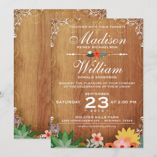 Floral Succulents Rustic Wedding Invitation Kaart (Voorkant / Achterkant)